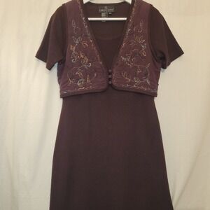 Carole Little Petite Maxi Dress PSmall Purple Knit Short Sleeve Embroidered Vest